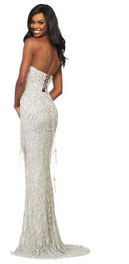 Sherri Hill Silver Size 4 Floor Length Side slit Dress on Queenly