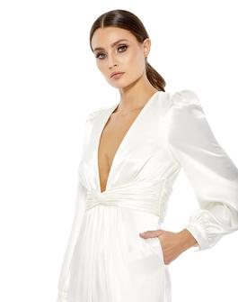 Style 2647 Mac Duggal White Size 0 Sleeves Long Sleeve Bachelorette Jumpsuit Dress on Queenly