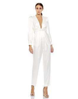Style 2647 Mac Duggal White Size 0 Long Sleeve V Neck Silk Jumpsuit Dress on Queenly
