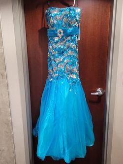 Style 2672 Partytime Formals/Rachel Allan Blue Size 12 Military Mermaid Dress on Queenly