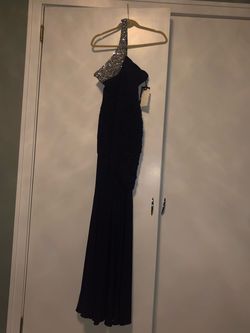 Jovani Purple Size 2 Black Tie Military Straight Dress on Queenly
