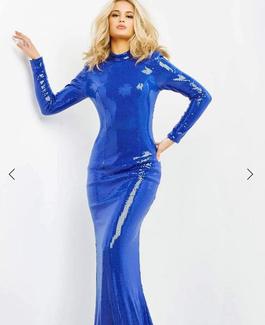 Jovani Blue Size 8 Long Sleeve Fitted Mermaid Dress on Queenly