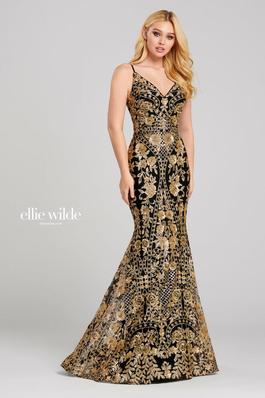 Style EW120024 Ellie Wilde Gold Size 10 Sequin Flare Jewelled Mermaid Dress on Queenly