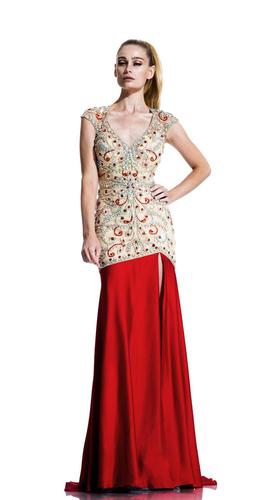 Style 510 Johnathan Kayne Red Size 6 Sheer Side slit Dress on Queenly