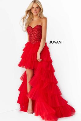 Style 08100A Jovani Red Size 0 Strapless Ruffles Prom Side slit Dress on Queenly