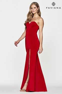 Style S10660 Faviana Red Size 8 Prom Strapless Floor Length Side slit Dress on Queenly