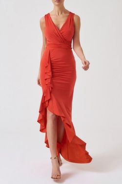 Style AF8217 Forever Unique Red Size 4 V Neck Sorority Formal Tall Height Side slit Dress on Queenly