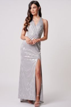 Style MN206002 Forever Unique Silver Size 4 Prom Black Tie Halter Side slit Dress on Queenly