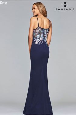 Style S10088 Faviana Blue Size 10 Tall Height Floral Side slit Dress on Queenly