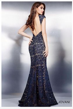 Style 26337 Jovani Navy Blue Size 10 Military Floor Length Straight Dress on Queenly