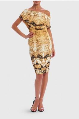 Style BAROQUE BODYCON MINI Forever Unique Gold Size 10 Midi $300 Cocktail Dress on Queenly