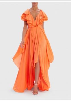 Style AF0117 Forever Unique Orange Size 2 V Neck Ruffles Side slit Dress on Queenly