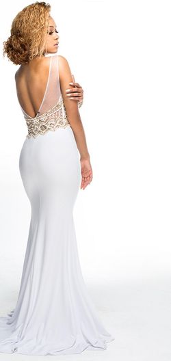 Style 16354 Brit Cameron White Size 4 Tulle Floor Length Sheer Side slit Dress on Queenly