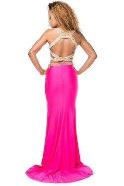 Style 16348 Brit Cameron Hot Pink Size 6 Boat Neck Tall Height Side slit Dress on Queenly