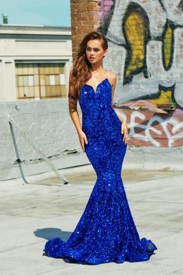 Style PS21208 Portia and Scarlett Blue Size 6 Sequin Corset Prom Mermaid Dress on Queenly