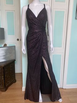 Clarisse Black Size 8 Side Slit Jersey Shiny Prom A-line Dress on Queenly