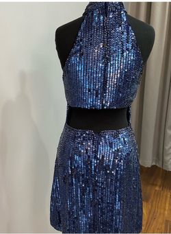 Sherri Hill Blue Size 4 High Neck Jewelled Keyhole $300 Cocktail Dress on Queenly