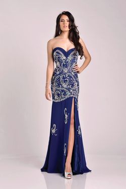 Style 15209 Envious Couture Blue Size 4 Tall Height Black Tie Side slit Dress on Queenly