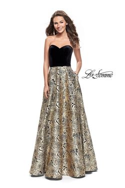 Style 25581 La Femme Gold Size 10 Floral Print Floor Length A-line Dress on Queenly