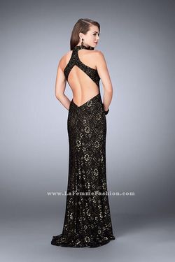 Style 24439 La Femme Black Size 0 Floor Length High Neck Pageant Side slit Dress on Queenly