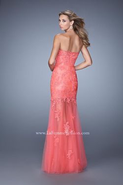 Style 20881 La Femme Orange Size 4 Lace Military Pageant Fitted Straight Dress on Queenly