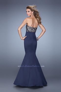 Style 21443 La Femme Blue Size 2 Black Tie Embroidery Navy Straight Dress on Queenly