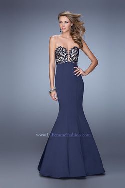Style 21443 La Femme Blue Size 2 Sheer Black Tie Sweetheart Straight Dress on Queenly