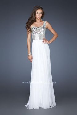 Style 18754 La Femme White Size 4 Jewelled Sequined Floor Length Tall Height Straight Dress on Queenly