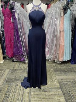 Style J742 Splash Prom Blue Size 8 Navy Tall Height Floor Length Side slit Dress on Queenly