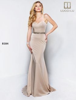 Style 8184 Lucci Lu Gold Size 8 Tall Height Sequined Boat Neck Mermaid Dress on Queenly