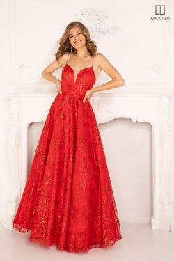 Style 1084 Lucci Lu Red Size 2 Tall Height Lace Tulle Spaghetti Strap Ball gown on Queenly