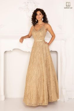 Style 1095 Lucci Lu Gold Size 8 Prom Floor Length Wedding Guest Tall Height A-line Dress on Queenly