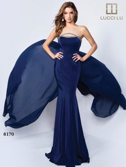 Style 8170 Lucci Lu Blue Size 2 Boat Neck Black Tie Jewelled Navy Straight Dress on Queenly