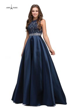 Style 95145 Lucci Lu Navy Blue Size 10 Satin Navy Ball gown on Queenly