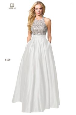 Style 8109 Lucci Lu White Size 4 Satin Silk Pageant Ball gown on Queenly