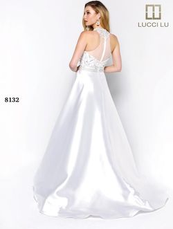 Style 8132 Lucci Lu White Size 4 Pageant Overskirt Beaded Top Ball gown on Queenly