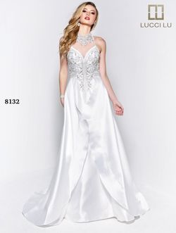 Style 8132 Lucci Lu White Size 10 Tall Height Train Pageant Ball gown on Queenly