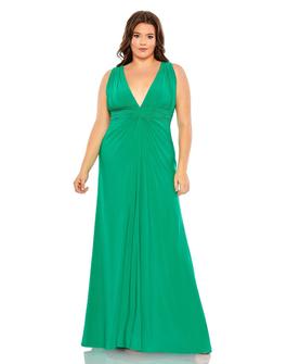Style 68128 Mac Duggal Green Size 16 Jersey Train Straight Dress on Queenly