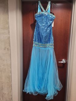 Style 2714 Partytime Formals/Rachel Allan Blue Size 8 Floor Length 50 Off Mermaid Dress on Queenly