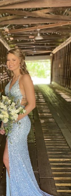 Scala Blue Size 2 Pageant Floor Length Sequin Side slit Dress on Queenly