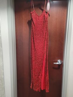 Style 37104 Cassandra Stone Red Size 4 Floor Length Side slit Dress on Queenly