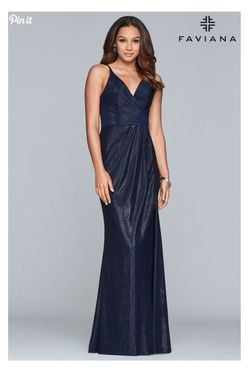 Style 10257 Faviana Navy Blue Size 4 Shiny Side slit Dress on Queenly