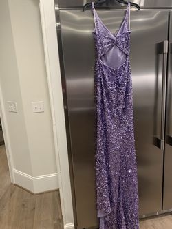 Style 53450 Sherri Hill Purple Size 4 Floor Length Train Jersey Pageant Side slit Dress on Queenly