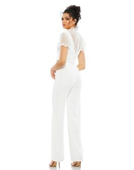 Style 26621 Mac Duggal White Size 12 Cap Sleeve Belt Sleeves Jumpsuit Dress on Queenly