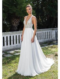 Style 88105 Justin Alexander White Size 6 Halter Jewelled Plunge A-line Dress on Queenly