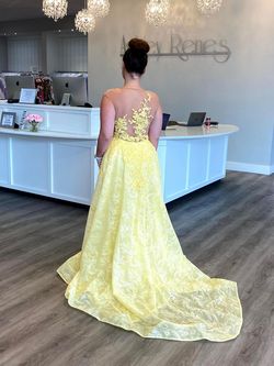 Tarik Ediz Yellow Size 12 Floor Length Sheer Mini Lace Train Dress on Queenly