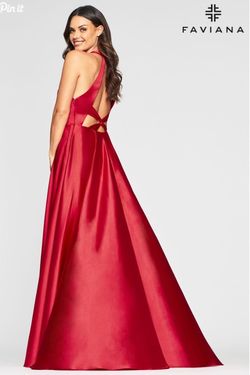 Style S10403 Faviana Red Size 6 Floor Length Tall Height Halter Plunge A-line Dress on Queenly
