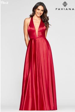 Style S10403 Faviana Red Size 6 Halter Plunge A-line Dress on Queenly