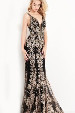 Style JVN04789 Jovani Black Size 14 Cut Out V Neck Pageant Jewelled Straight Dress on Queenly