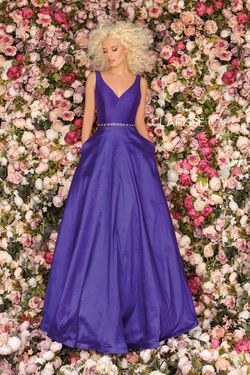 Style 8194 Clarisse Purple Size 12 Jewelled Floor Length V Neck Belt Ball gown on Queenly